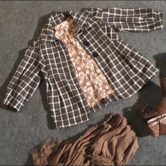 Forever light-weight blazer coat tan, gray, white plaid S - Picture 1 of 6